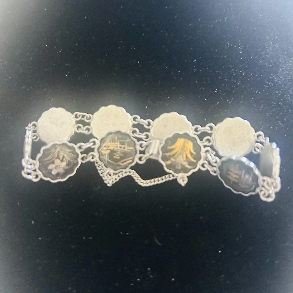 Vintage Japanese Damascene KOMAI Bracelet‎ Linked Gold & Silver Inlays 10 Scenes